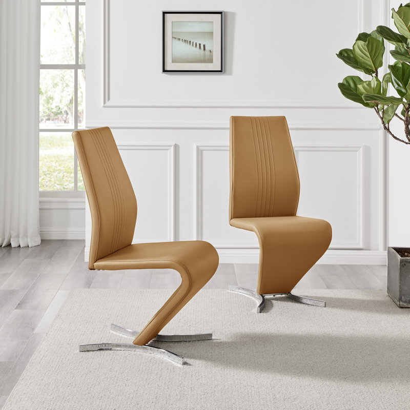 Bauko Faux Leather Chrome Legs Dining Chairs Z-Shaped Chrome Feet Modern Design, Mustard