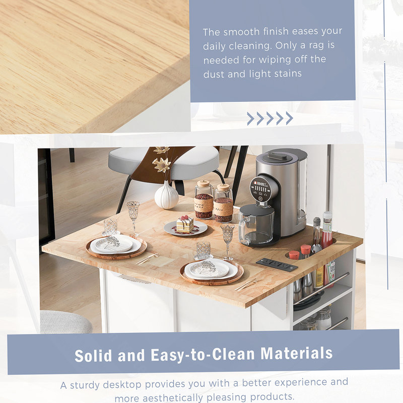 Kitchen Island With Power Outlet,Kitchen Storage Island With Drop Leaf And Rubber Wood, White