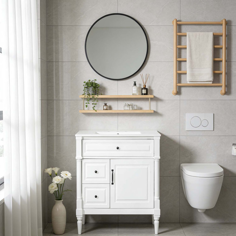 Meuble-lavabo élégant avec lavabo en céramique, tiroir rabattable, pour salle de bain moderne, Blanc