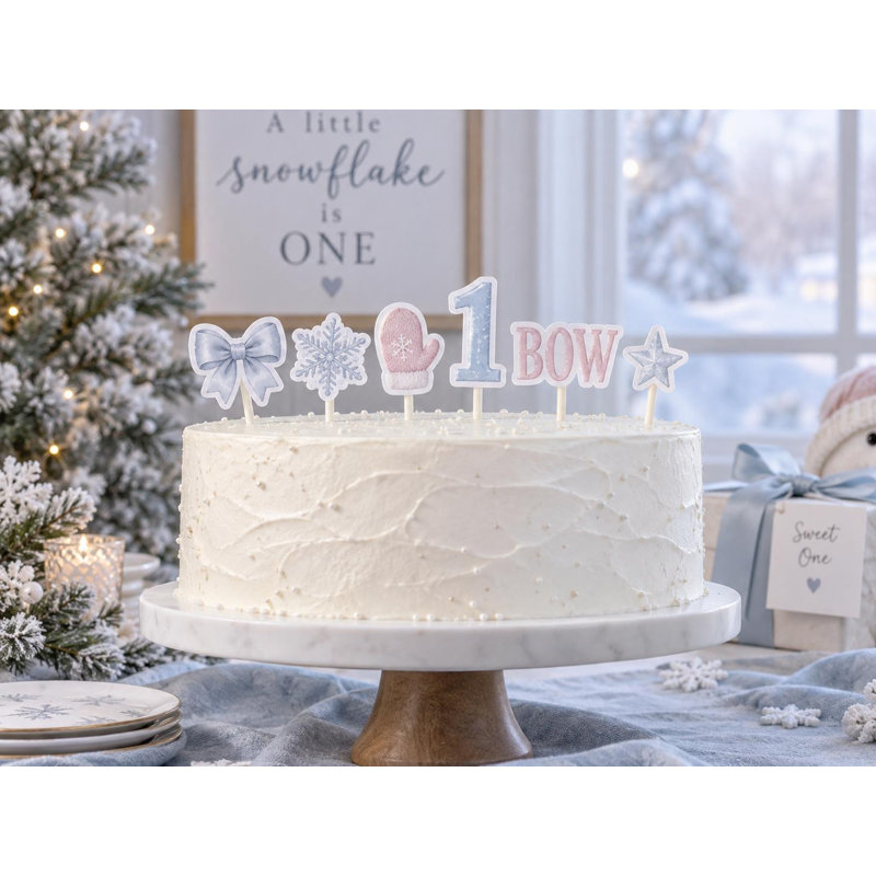 Custom Age Winter Bow Cake Topper Set, Snowy Birthday Cardstock Decorations (Age: 2), 2
