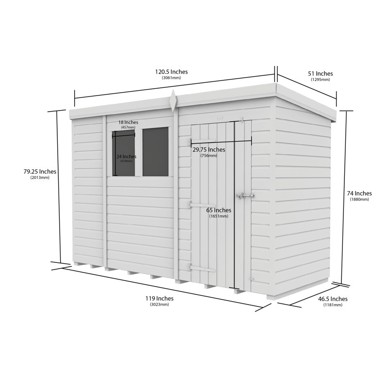 Total Sheds 10ft x 4ft Pent Garden Shed - Single Door - No Windows - Pressure Treated Timber - UK Manufactured