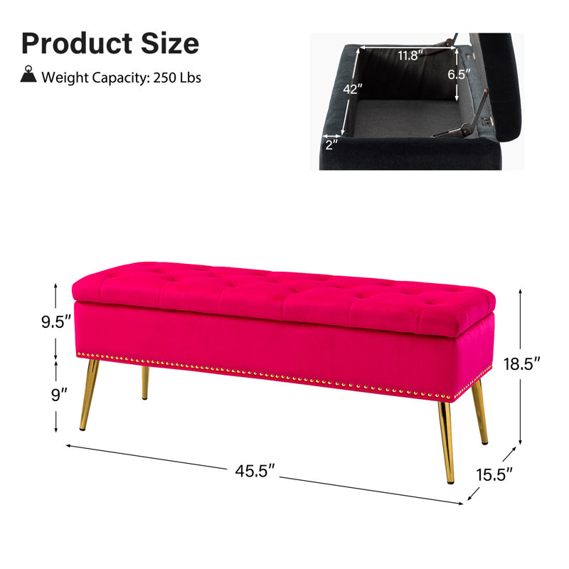 Banc de rangement rembourré en velours Kajana, Velours fuchsia