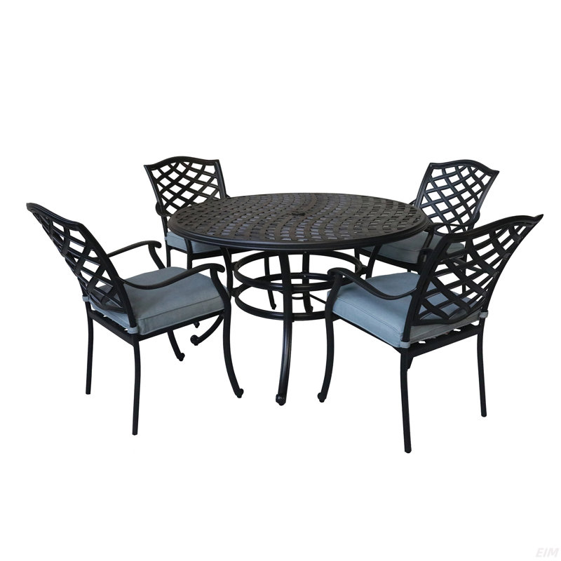 Ensemble repas d'extérieur rond en aluminium 5 pièces avec 4 fauteuils, Bleu