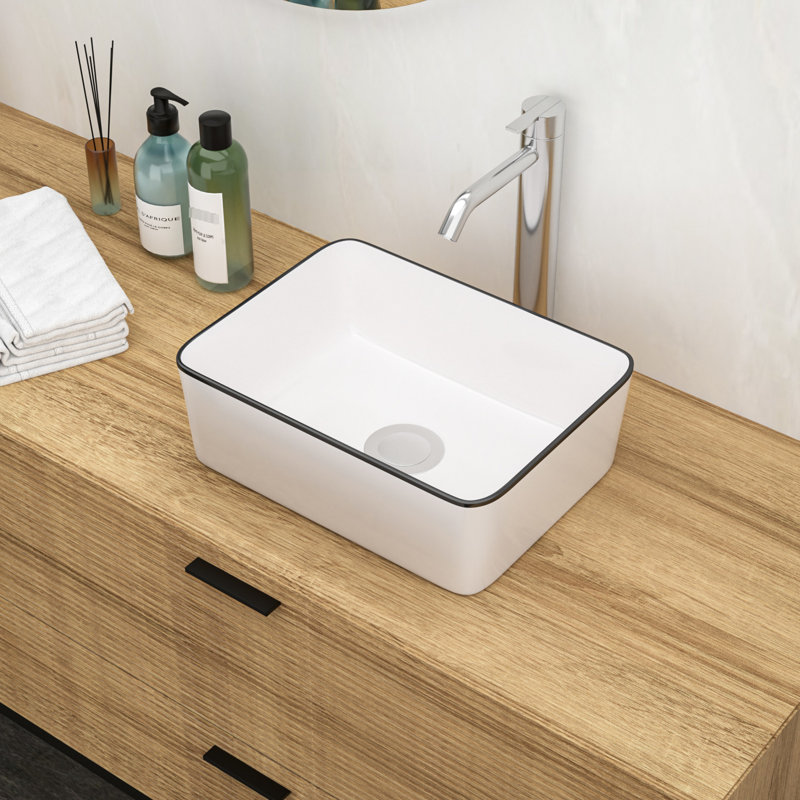 16X12 Inch Ceramic Vessel Sink In White - To Cracks And Stains Rectangular Elegant Appearance For Bathrooms, Black
