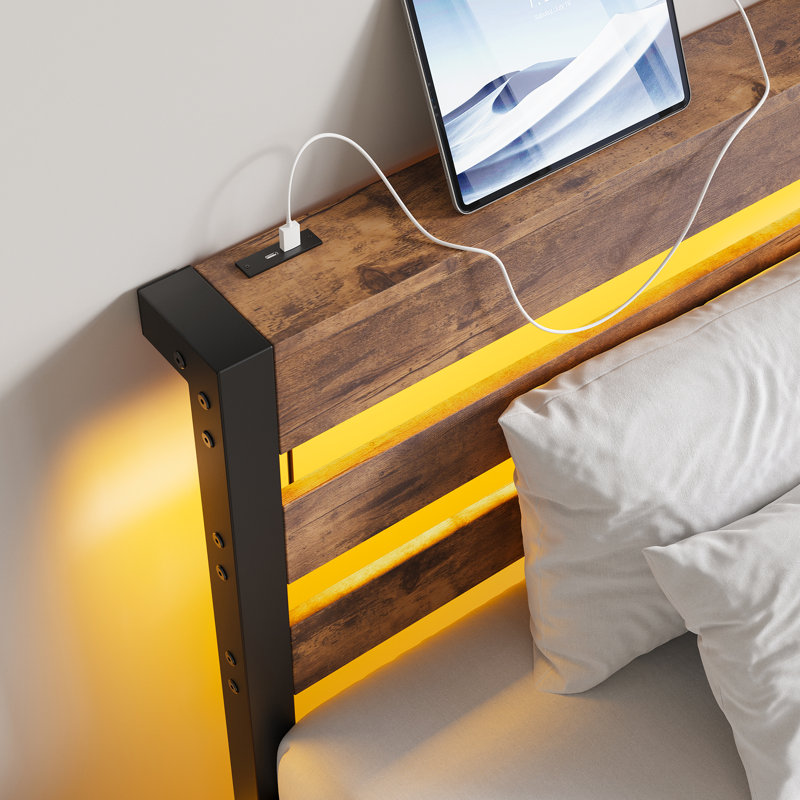 Cadre de lit plateforme simple avec tête de lit, bâbord, DEL, sans sommier, lattes en métal robuste, point de charge amplificateur de bruit et de rangement, lumières DEL, métal robuste, avancée