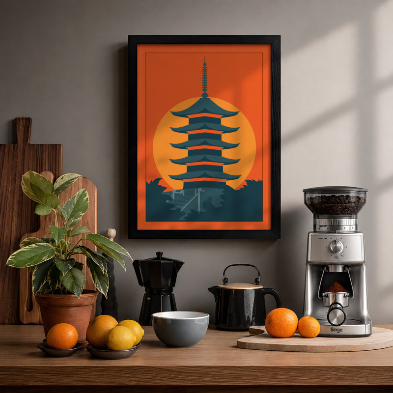 Pagoda at Sunrise Japandi - Framed Print, A1 - 84.1 x 59.4 cm, Black