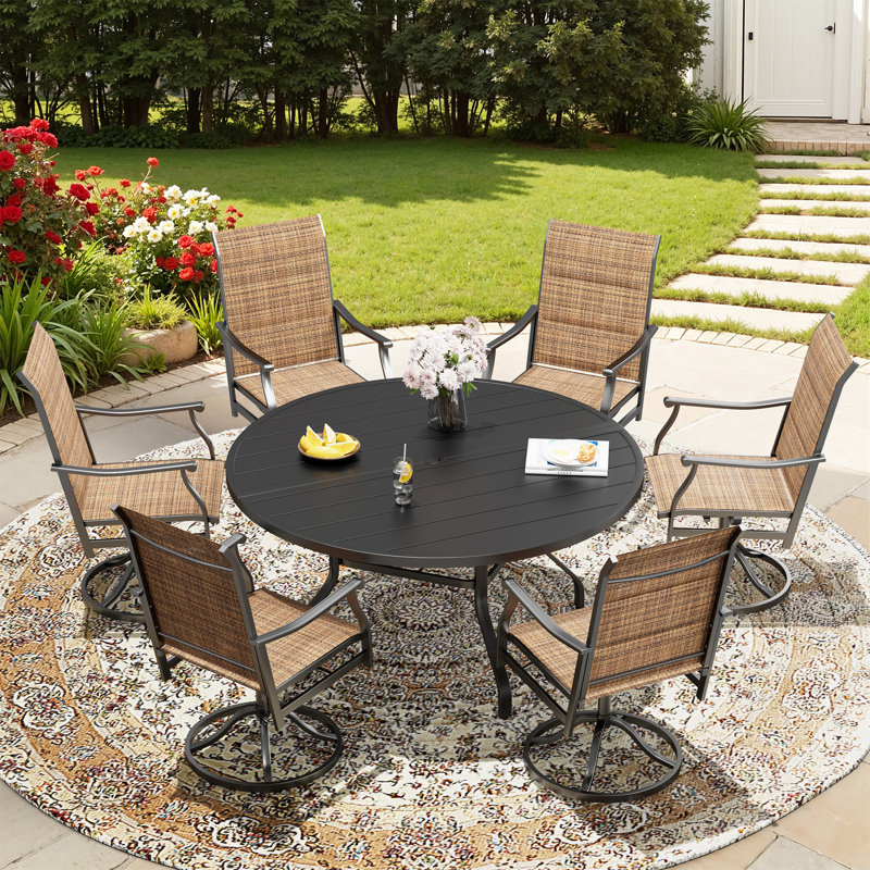 Outdoor Swivel Chair Round Table Dining Set, Brown