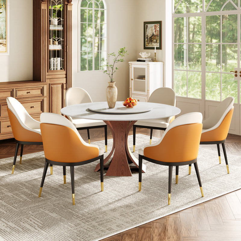 Table de salle à manger Mid-Century en pierre frittée ronde avec plateau tournant amovible pour 4-6, Blanc