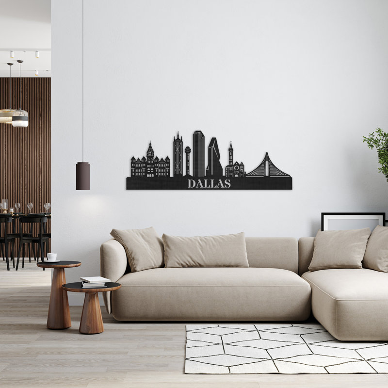 Décoration murale en bois Dallas City Skyline, H 14 po x l 46 po x P 0,25 po, Naturel