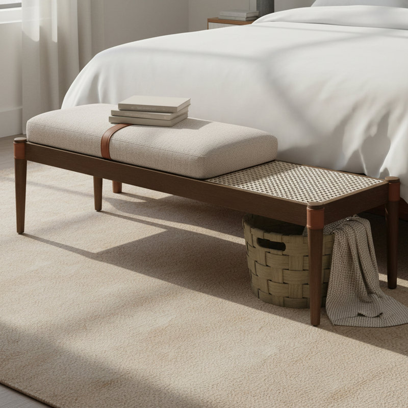 Banc rembourré en tissu texturé beige Nara, Tissu beige texturé en lin, Brun