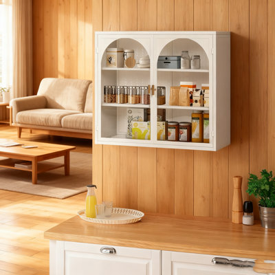 Armoire murale moderne 27,56 "à 2 portes (motif tissé) - Fer et verre trempé, 3 niveaux de rangement pour le vestibule / salon / salle de bain / salle à manger - blanc