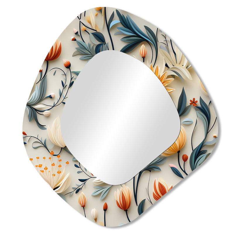 Orange et vert fleurs tranquilles Zen - miroir décoratif botanique asymétrique, miroir mural de forme irrégulière Boho, impression sur métal