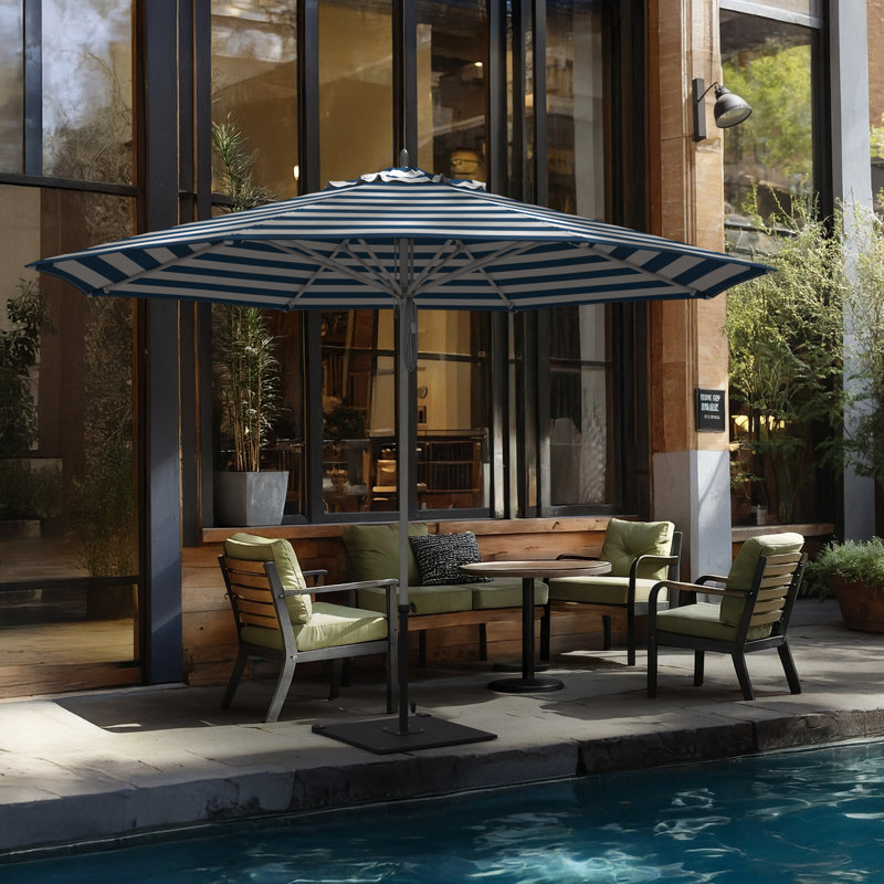 Parasol de patio en bois gris en aluminium 11 pi, Blanc / bleu / rayé