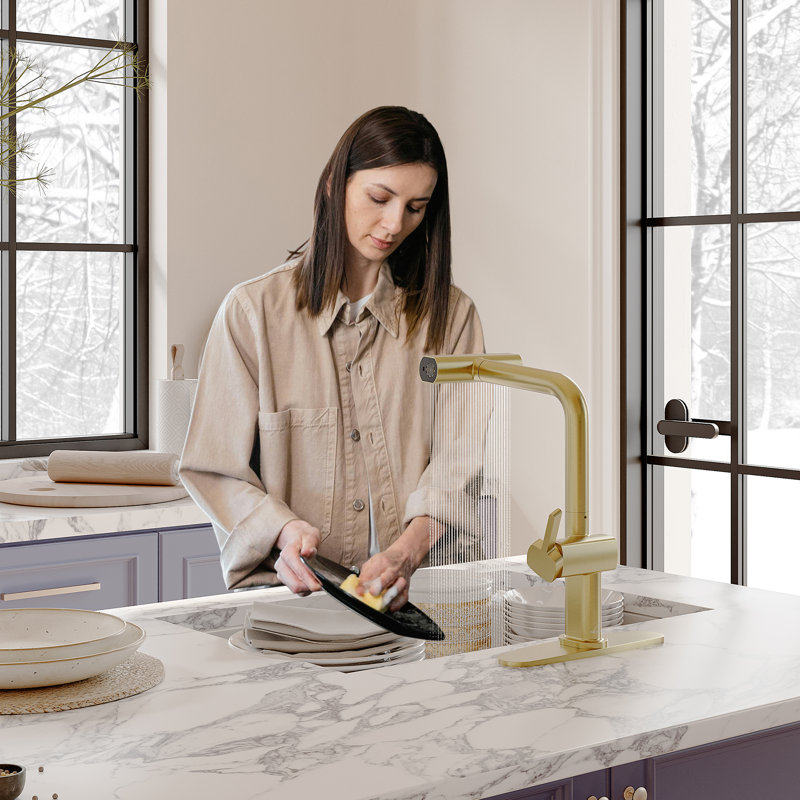 Robinet de cuisine rétractable à poignée simple avec pulvérisateur à trois fonctions Casainc, Or brossé