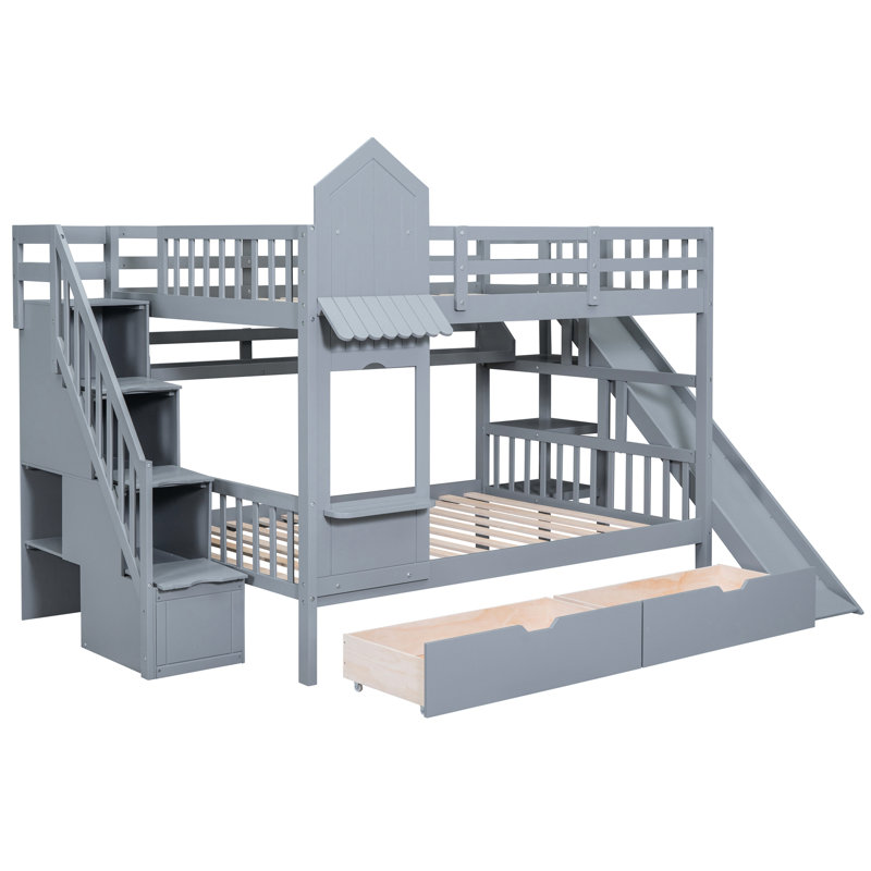 Gray Size Bunk Bed With 2 Drawers, 3 Shelves, And Slide - Solid Pinewood Construction, Suitable For Growing Appearance, Frame, Enhanced Stability