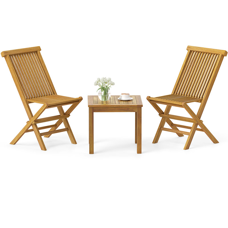 3 Piece Teak Wood Bistro Set w/ 2 Folding Chairs & Square Side Table Natural, Natural