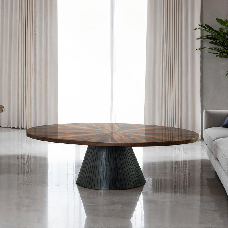 Table basse ovale de style contemporain avec motif de parquet et base de tambour, finition noire, salon principal
