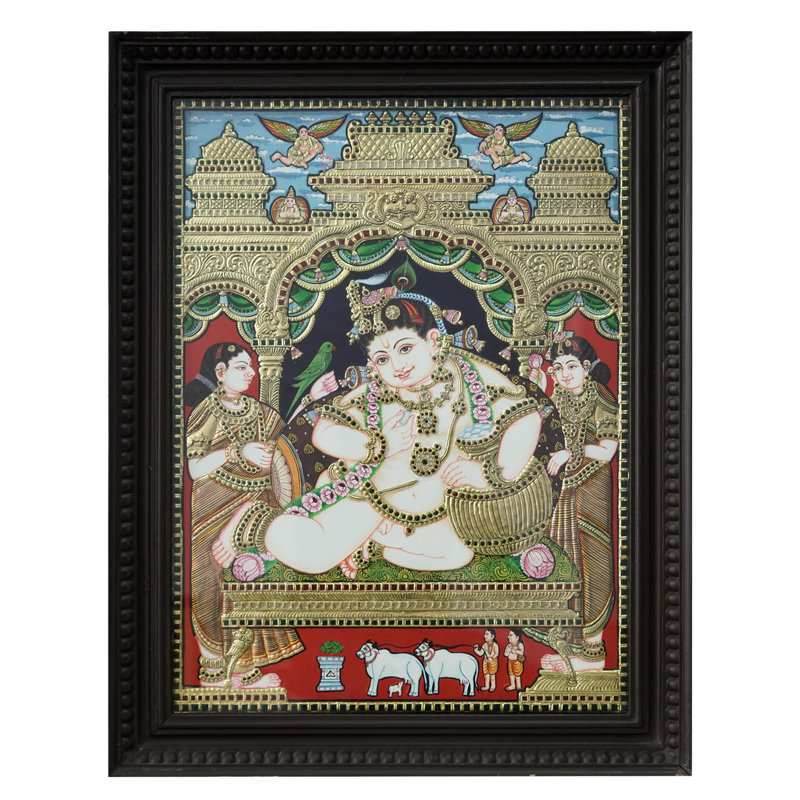 Lord Butter Krishna avec Rukmini et Satyabhama | Couleur traditionnelle avec or 24 carats | Avec cadre