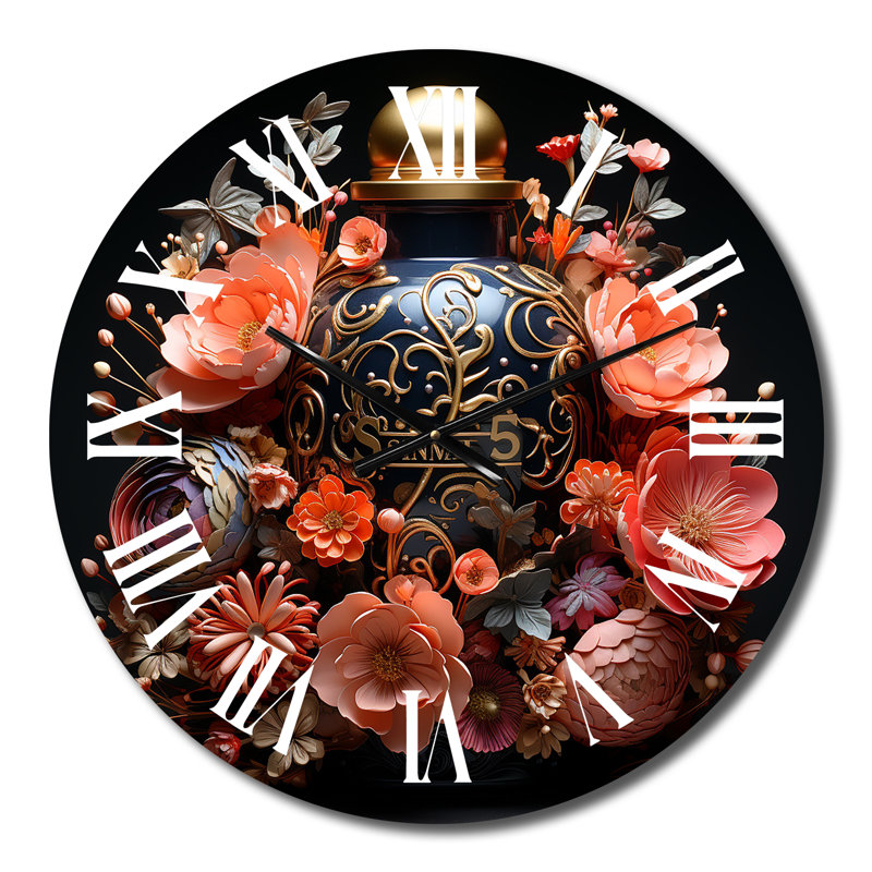 Horloge murale en forme de bouteille de parfum avec fleurs roses II, Moyenne