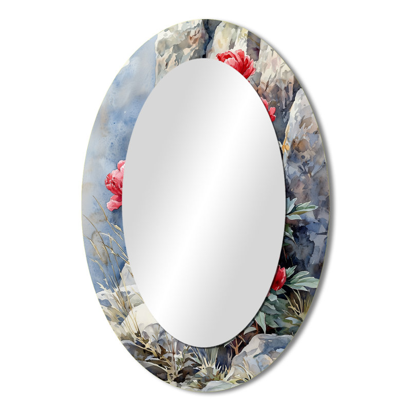 Pe pivoines par The Rocky Outcrop II - grand miroir mural ovale sur métal, 36 po x 24 po