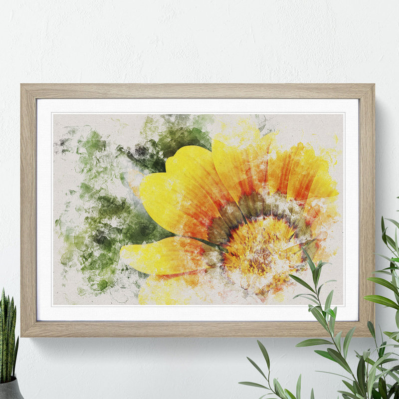 Bright Yellow Flower Watercolour - Framed Print, 36cm H x 48cm W x 2cm D, Oak