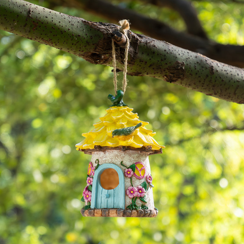 9"H Garden Resin Birdhouse with Roof,Yellow, Yellow