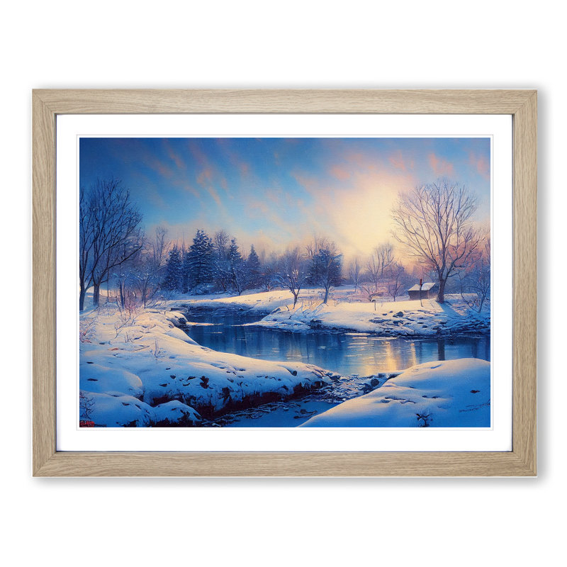 XH1022-10212X Winter Forest Stream - Single Picture Frame Painting, 46cm H x 64cm W x 2cm D, Oak Framed