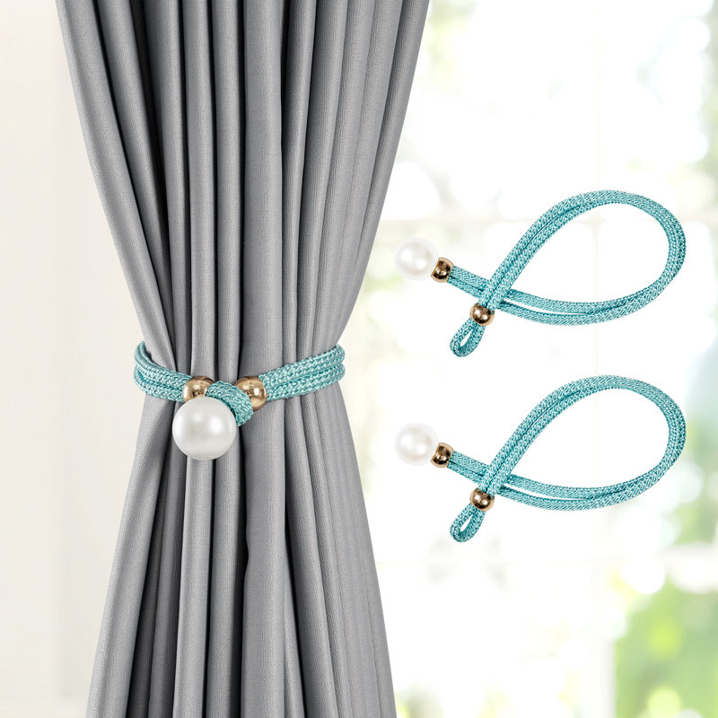 Decorative Curtain Tiebacks with Pearl, 2 Pieces, Peacock Blue