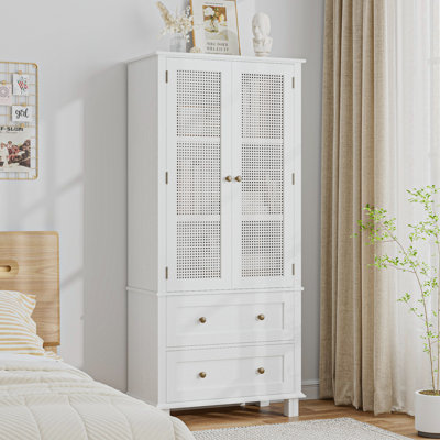 Wooden Accent Cabinets with Cabinet and 2 Drawers, Tall Rectangle Locker With Faux Rattan And Faux Solid Wood Surface, Mid-Century Modern White or Farmhouse Natural Brown