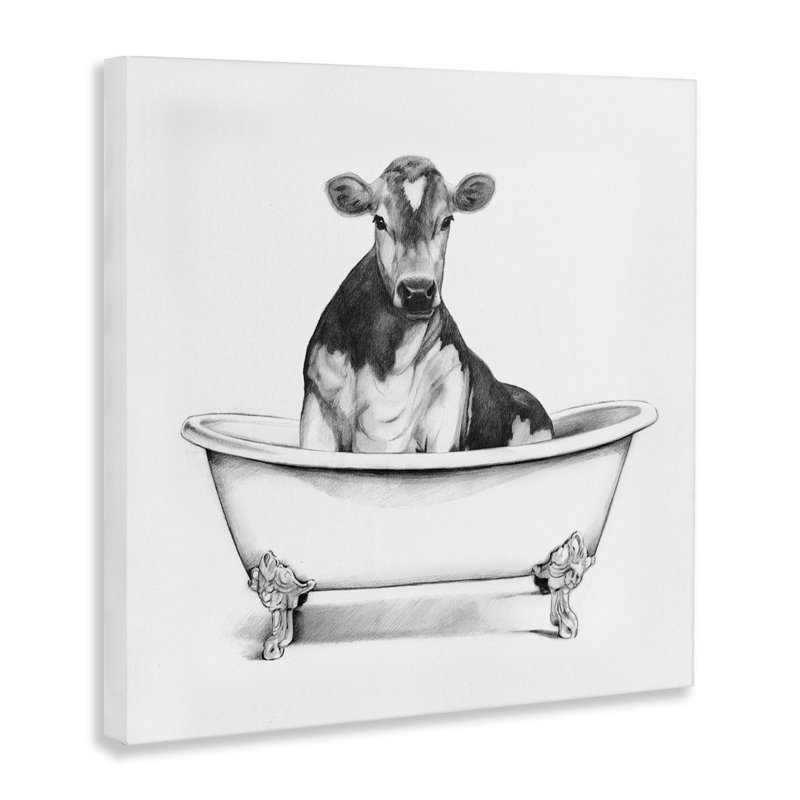 Vache dans un bac à griffes, H 17 po x l 17 po, Giclée encadrée noir minuit