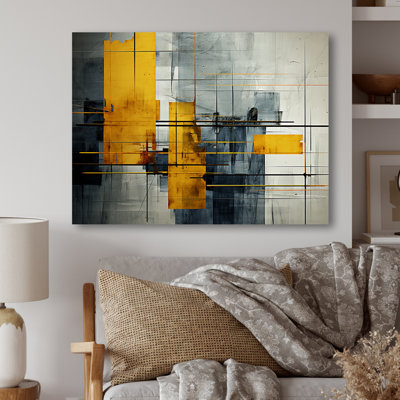 Grey And Yellow Abstract Urban Cubist Elegance - Abstract Collages Metal Wall Art MT136771