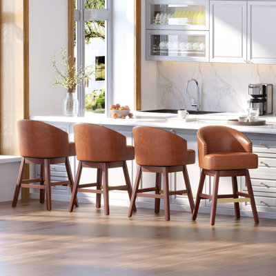 Swivel 26.4'' Faux Leather Counter Stool with Solid Wood Legs