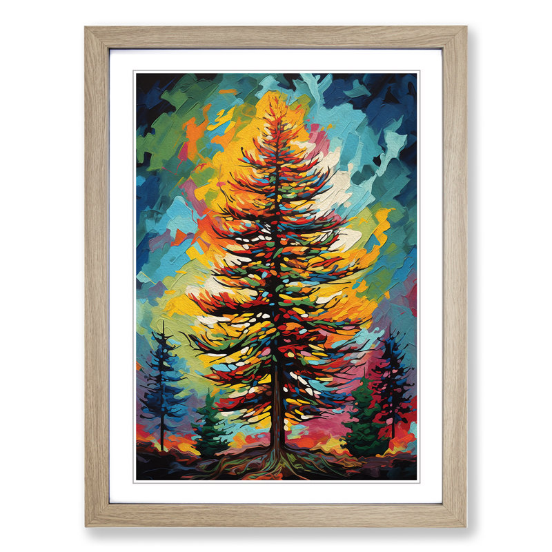 Pine Tree Pop No.2 - Single Picture Frame Print on Wood, 64cm H x 46cm W x 2cm D, Oak Framed