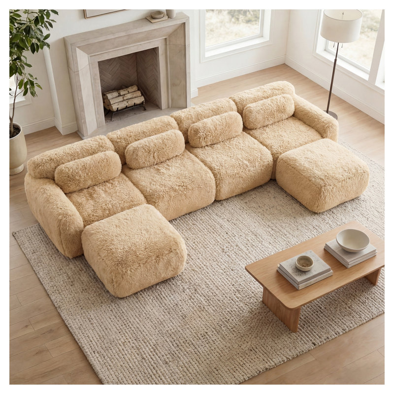 Canapé modulaire modulaire en forme de U kaki clair, sans assemblage requis, Fausse fourrure crème / peluche / tissu