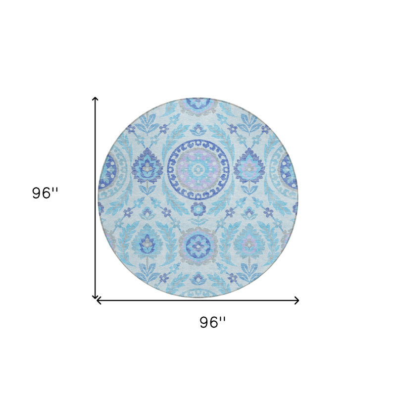 Tapis d'intérieur rond lavable floral 8 pi bleu ciel et lavande