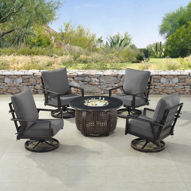 Ensemble de table de foyer en aluminium noir avec quatre fauteuils club, Noir