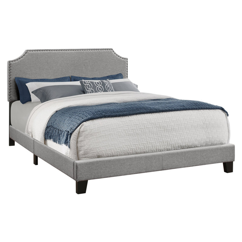 Lit, grand lit, rembourré, aspect lin gris, garniture chromée, transitionnel