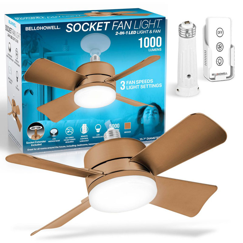 Bell + Howell Socket Fan Ceiling Cool Light with Remote Control, 1000 Lumens, Bronze