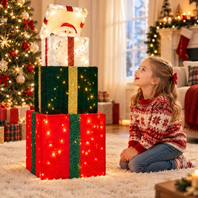 Boîte-cadeau 4 niveaux à 3 niveaux avec couvercles à ouverture automatique, 200 lumières à fil blanc chaud, boîte-cadeau en velours pour décoration de Noël, prise américaine