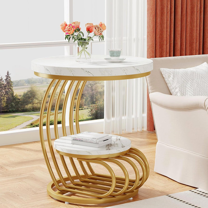 Table d'appoint Ondray, table de bout, table d'appoint, table d'appoint de salon, avec rangement, Blanc, Doré