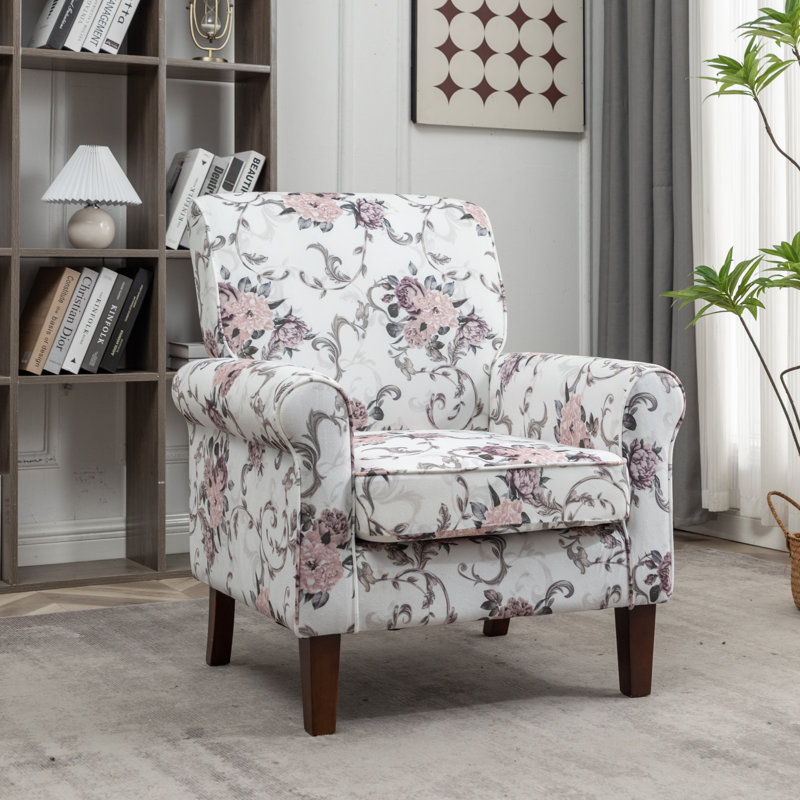 Hysnie Upholstered Armchair, White/Flower Pattern Print 100% Polyester