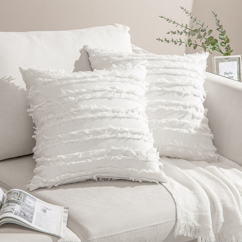 White Cotton and Polyester Euro Pillow Cover with Tassels, 16"x16"