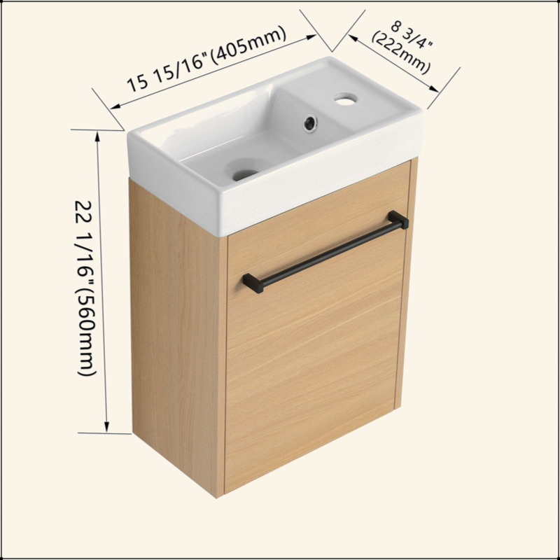 Meuble-lavabo mural 16 po avec lavabo en céramique et porte d'armoire à fermeture en douceur, pour petite salle de bain