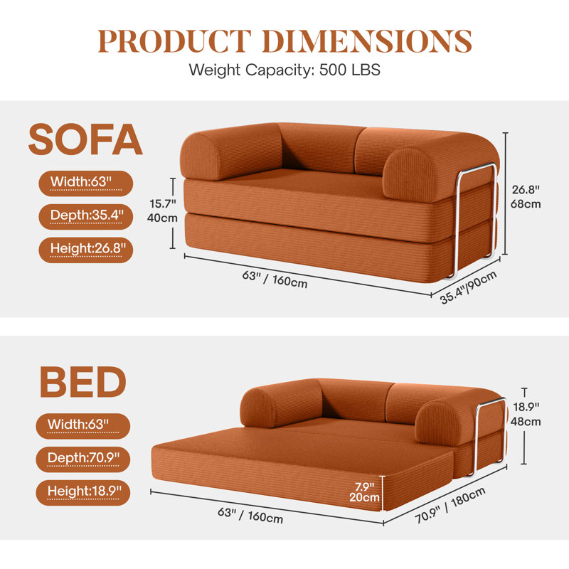 Foldable 3-Person Fabric Sofa Bed with High Rebound Sponge