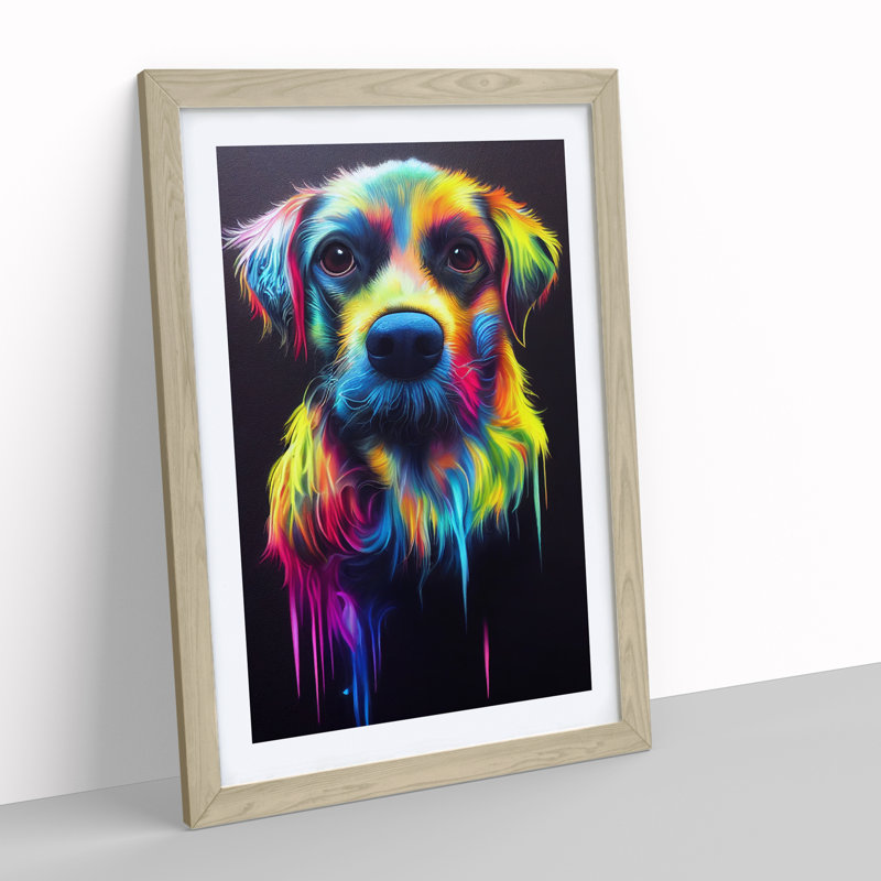 Neon Dog - Framed Print, 34cm H x 25cm W x 2cm D, Oak