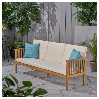 Canapé d'extérieur en bois d'acacia 3 places avec coussins crème résistants à l'eau - Mobilier de patio résistant aux intempéries pour jardin et cour
