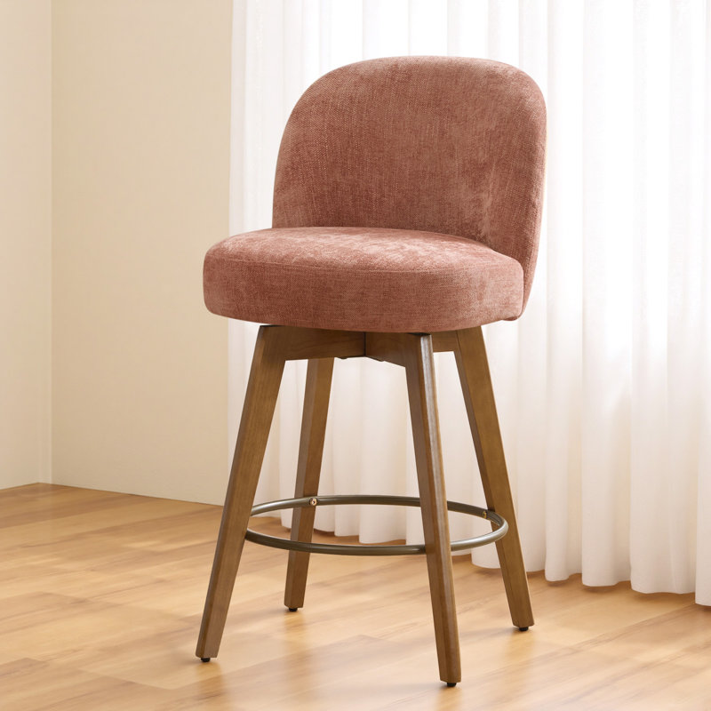 Tabouret de comptoir pivotant 26 po avec structure en bois massif, Rose sable / chenille