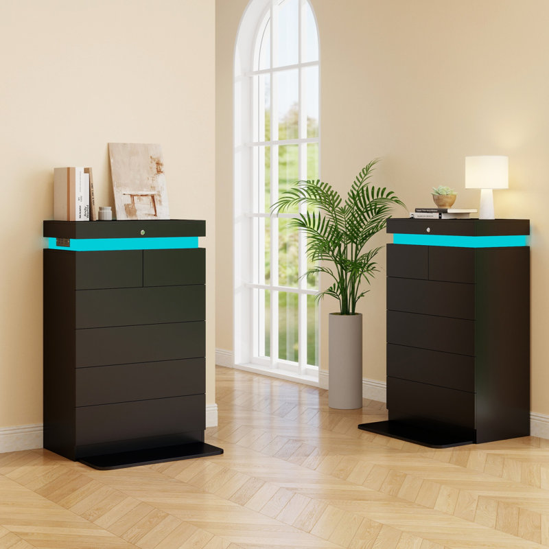 48.4"H Tall 6 Drawer Dresser With RGB LED Light & Charging Station, Modern Chest Of Drawers For Bedroom With Sliding Locking Top