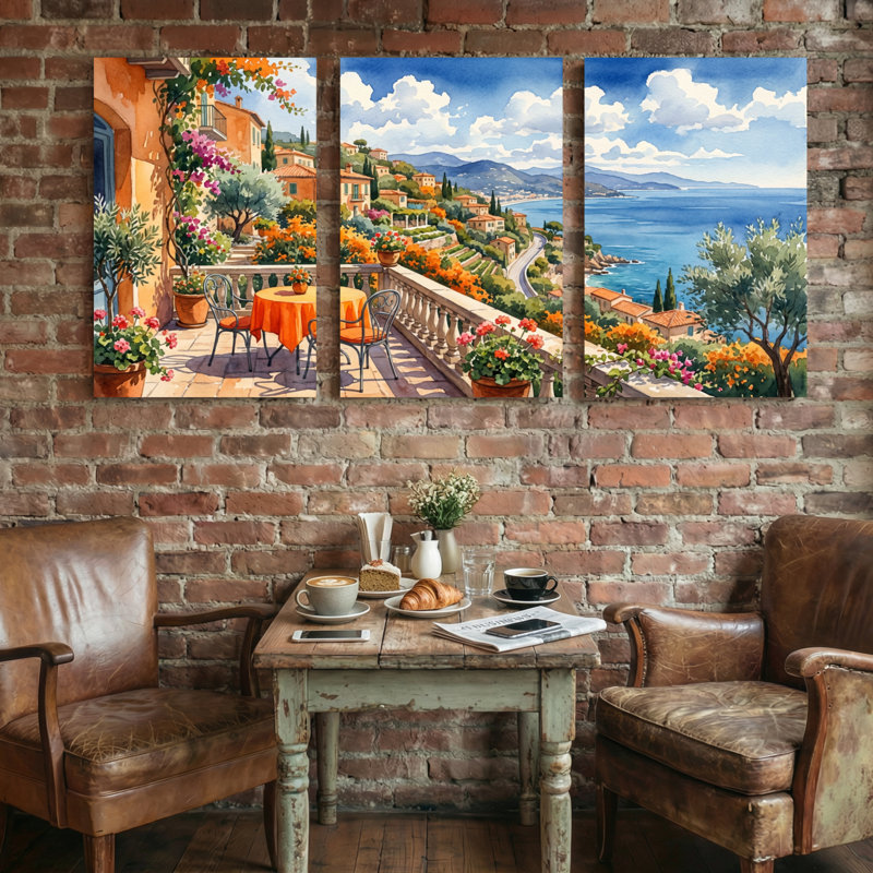Paysage méditerranéen avec vue sur la mer, H 36 po x l 72 po