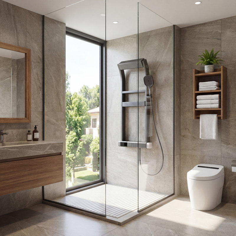 Modern Thermostatic Shower System with Rainfall & Waterfall Shower Head, Body Jets, Handheld Shower and Tub Spout, 12 Spray Modes SPA Shower Panel in Gray